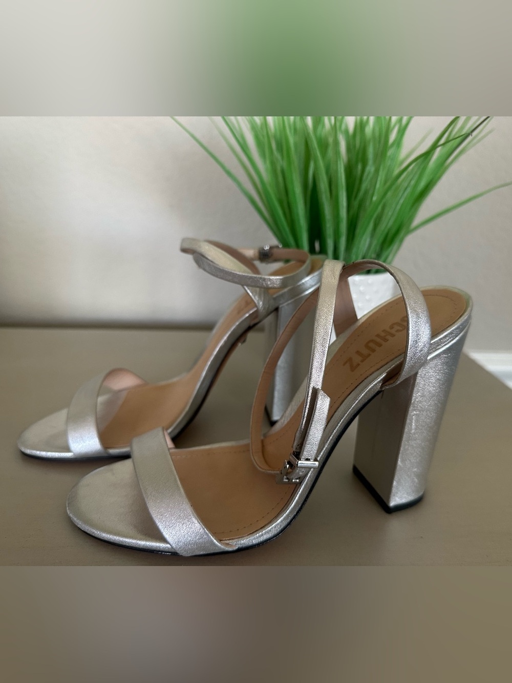 SCHUTZ Silver Metallic Block Heel Strappy Sandals